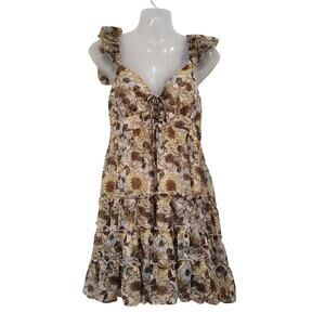Beyond Words Mini Dress Flutter Shoulder Ruffle Tiered Floral Brown Size Medium